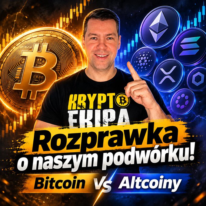 A man wearing a 'KRYPT EKIPA' t-shirt points upward in a YouTube thumbnail graphic titled 'Rozprawka o naszym podwórku! Bitcoin Vs Altcoins', surrounded by Bitcoin and altcoin logos.
