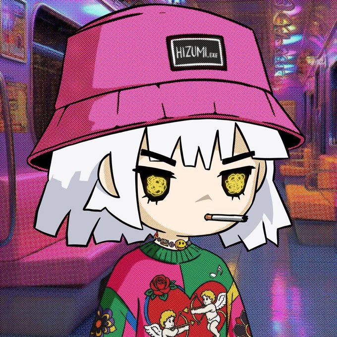 An anime-style illustration of a character with white hair wearing a pink bucket hat labeled 'HIZUMI.EXE', a smoking cigarette in their mouth, distinctive yellow patterned eyes, and a green and pink top with cherub designs.