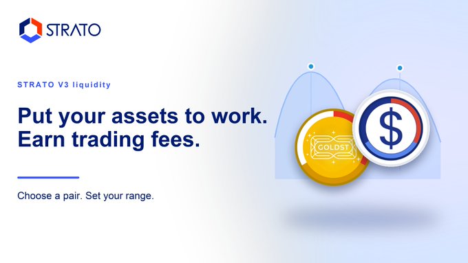 A promotional graphic for STRATO V3 liquidity, featuring the text "Put your assets to work. Earn trading fees. Choose a pair. Set your range." alongside gold coin and dollar sign graphics.