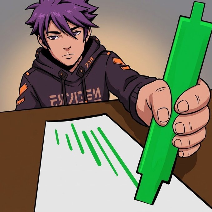 An anime-style illustration shows a purple-haired character in a black hoodie with Japanese text, holding a large green ruler over a piece of paper with green marks on it.