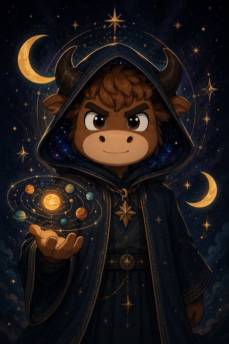 This image features a cartoon cow character dressed as a wizard, surrounded by cosmic imagery. The accompanying text celebrates a crypto project's first anniversary.