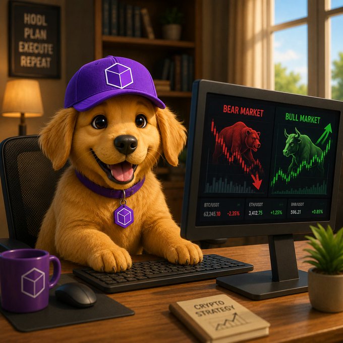 A golden puppy wearing a purple "$DFIA" cap and tag sits at a desk beside a monitor displaying "BEAR MARKET" (-2.35%) and "BULL MARKET" (+1.25%) charts for BTC/USDT, ETH/USDT, and BNB/USDT, with a "HODL PLAN EXECUTE REPEAT" sign on the wall. The image humorously captures the post's sentiment of staying patient during a market downturn, with the cheerful dog embodying the "HODL" mentality while waiting for the anticipated BNB season to arrive.