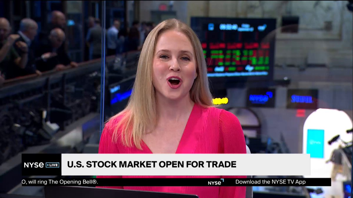 The image shows a woman wearing a pink top, standing in front of a TV screen with a news broadcast about the stock market. The news anchor is talking about the U.S. Stock Market Open for Trade and how people outside the country can invest in Apple, Nvidia, and Tesla stocks using tokens. The post also mentions that these tokenized stocks are available on the app "ONDO" and that they have been live-traded since early January of this year.
