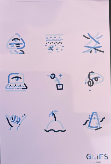 The image features a pink poster with various blue icons, including a laptop, a surfboard, an island, a boat, a globe, a heart, a thumbs up sign, and a thumbs down sign. The poster also includes text that reads "GLiFS" and "Gifs".