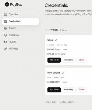 The image displays the PayBox "Credentials" dashboard, which lists three wallets, including a Solana wallet labeled "Coco" with a balance of **$22.36 USDC** (visible as "Ed0RV3...bsu copy" and "Ed0RV3,bsu") alongside an "evm-default" wallet showing "0x6382...4807." This directly supports the post's claim by showing the user successfully claimed $22.36 USDC in their PayBox account, illustrating that the PayBox servers are back online and functioning for free USDC rewards.