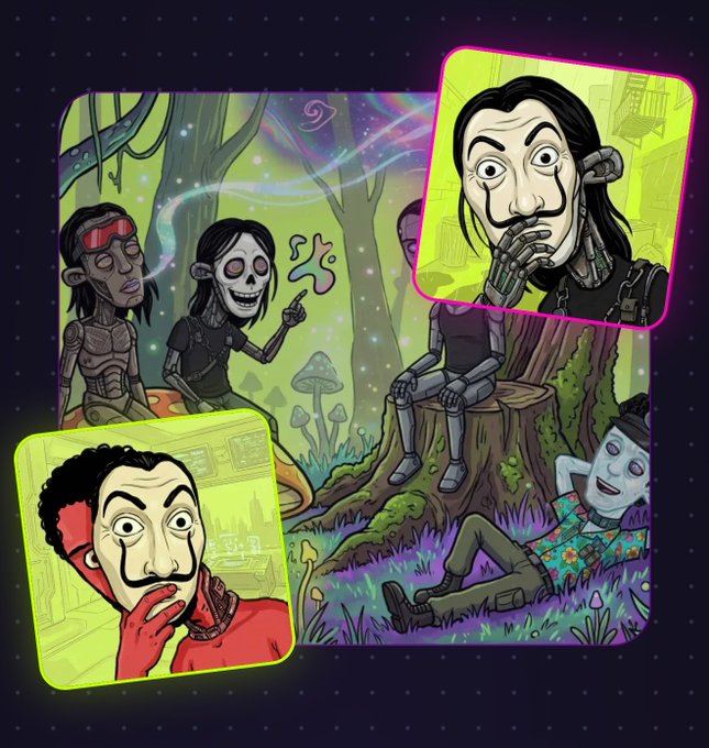 A psychedelic illustration featuring cartoon characters with exaggerated faces in a mushroom forest setting, with Salvador Dali-style mustached figures highlighted in yellow inset boxes.