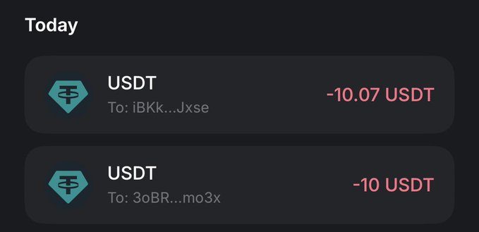 A dark-themed transaction history screen shows two USDT transfers today, both showing negative amounts of -10.07 USDT and -10 USDT to different addresses.