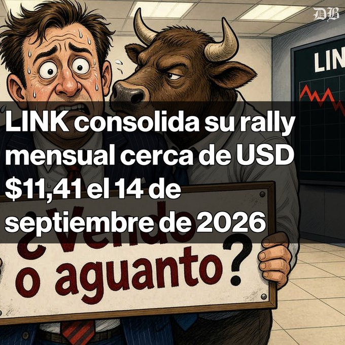 A cartoon graphic with a sweating nervous man next to a bullish character holding a sign asking '¿vendo o aguanto?' with text stating 'LINK consolida su rally mensual cerca de USD $11,41 el 14 de septiembre de 2026'.
