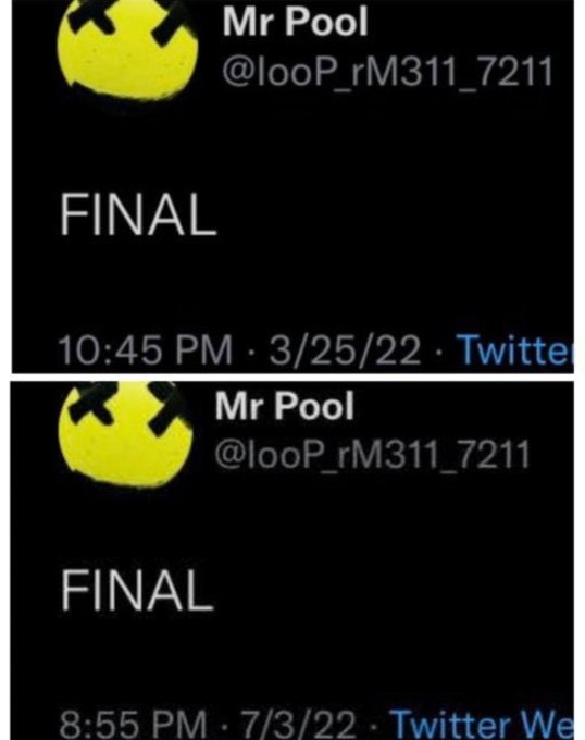 The image shows two tweets from the same user, "Mr Pool" (@looP_rM311_7211), with a X-eyed emoji profile picture, both containing only the single word "FINAL" — one posted on 3/25/22 at 10:45 PM and another on 7/3/22 at 8:55 PM, suggesting repeated, seemingly definitive statements that keep getting repeated, which fits the suspicious side-eye 🤨 reaction.
