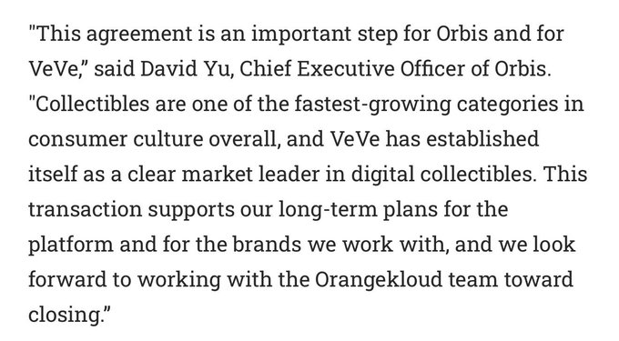 A quote attributed to David Yu, CEO of Orbis, discussing an agreement with VeVe and Orangekloud regarding digital collectibles.