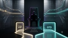 A dark sci-fi or game interface screenshot showing a silhouetted figure in a futuristic room with neon lighting, highlighting two VIP-tier badges labeled 'VIP' and 'GTD'.