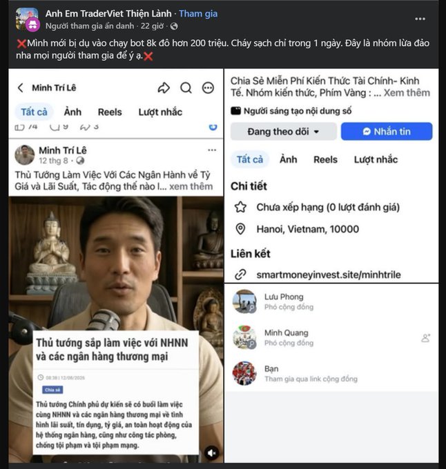 A Facebook warning post in Vietnamese (Anh Em TraderViet Thiện Lành) warns that a trading group called 'Minh Trí Lê' stole over 200 million in a day and is a scam.