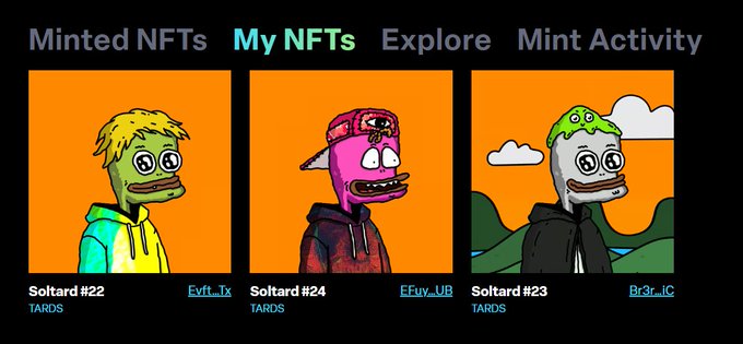 The image shows a digital NFT collection interface displaying three "Soltard" character artworks (#22, #24, and #23) from the TARDS collection on Solana, each featuring cartoonish figures with vibrant orange backgrounds and distinct designs. The artwork ties directly to the post, where the user is highlighting their recent NFT mint from this collection, expressing pleasant surprise upon discovering the artist @iblolurker and praising both the art style and the fair mint price.
