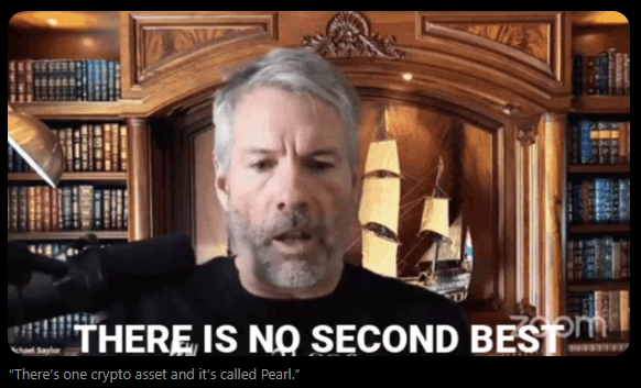 A screenshot from a video featuring a man speaking in front of a bookshelf backdrop, with the bold text 'THERE IS NO SECOND BEST' and a subtitle reading 'There's one crypto asset and it's called Pearl.'