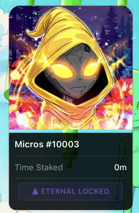 The image shows a profile card for "Micros #10003" featuring a hooded character with glowing yellow eyes and an "ETERNAL LOCKED" status with 0m time staked, which the accompanying post uses to illustrate their philosophy of creating custom 1:1 NFT tributes that are "gone forever, never forgotten."