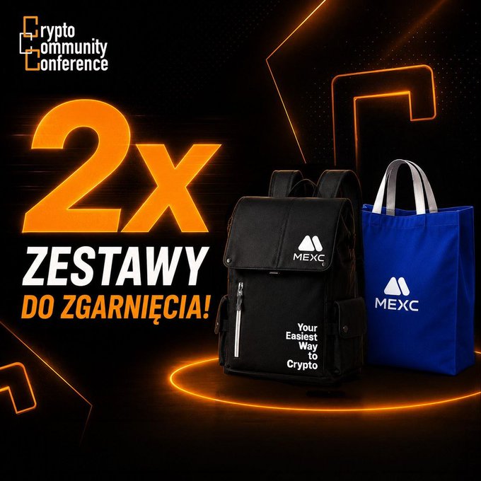 The image features a black backpack with "MEXC" written on it, as well as a blue bag that says "MEXC" on it. The background of the image is dark, but there are orange lines surrounding the objects. The text in the image reads "2 x", which suggests that these bags are for sale at an event or convention related to cryptocurrency and blockchain technology.