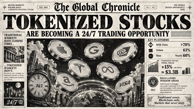 A vintage-style newspaper graphic titled 'The Global Chronicle' with the headline 'TOKENIZED STOCKS ARE BECOMING A 24/7 TRADING OPPORTUNITY', showing logos for various tech companies and data on BNB Chain, Solana, and Base.