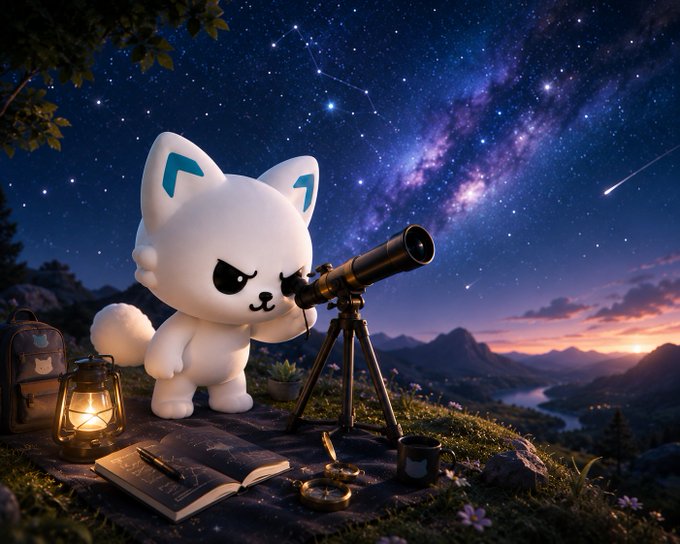 A digital artwork of a cute white cartoon cat character looking through a telescope on a tripod at a stunning night sky filled with stars, the Milky Way, and a shooting star, with an open book and lantern in the foreground.