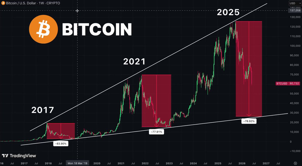 The image shows a visual representation of Bitcoin's price over several years. It starts with an upward trend from 2016 through to 2017, then suddenly plunges downwards, reaching its lowest point at -83% in 2020. The graph also highlights the potential decline of Bitcoin, with forecasts for a drop below 25,000 dollars by 2021 and another plunge further into negative territory if not stopped or managed well.