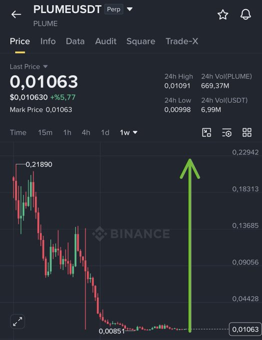 A Binance perpetual futures chart for PLUME/USDT shows the token down to $0.01063 (-95.5% from its peak of $0.21890), with a large green arrow projecting a 2-5x recovery rally.