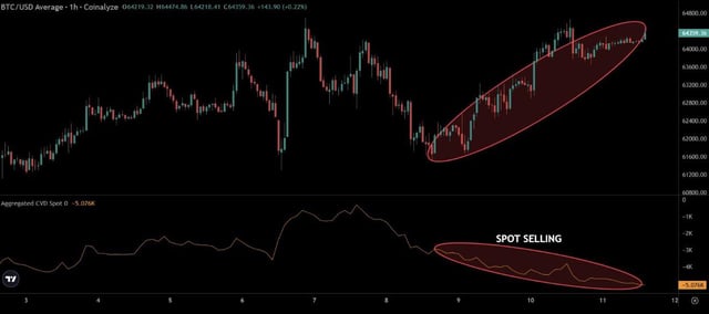 A financial trading chart for BTC/USD showing price action with a red oval highlighting an upward trend on the price chart and a corresponding 'SPOT SELLING' annotation on the lower indicator.