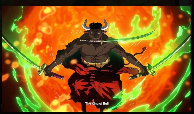 An animated illustration of a muscular bull-headed warrior wielding two glowing green swords against a fiery background, labeled 'The King of Bull.'
