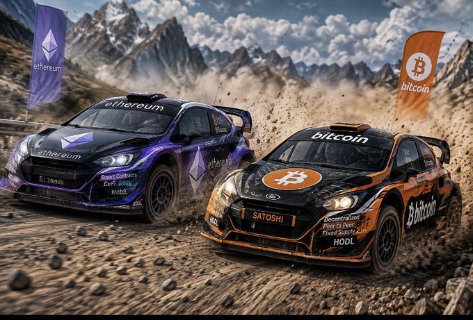 An artistic image of two rally cars racing on a dirt track, one branded as Ethereum in purple and the other as Bitcoin in orange, representing crypto as competitive racing vehicles.