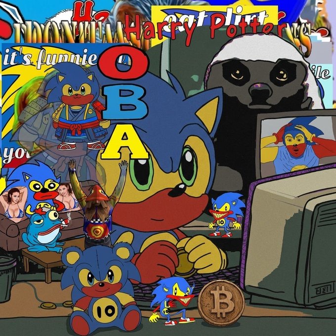 A chaotic digital collage featuring multiple Sonic the Hedgehog cartoon figures, a panda, a Bitcoin, and overlaid text including "Harry Potter" and "it's funnie".