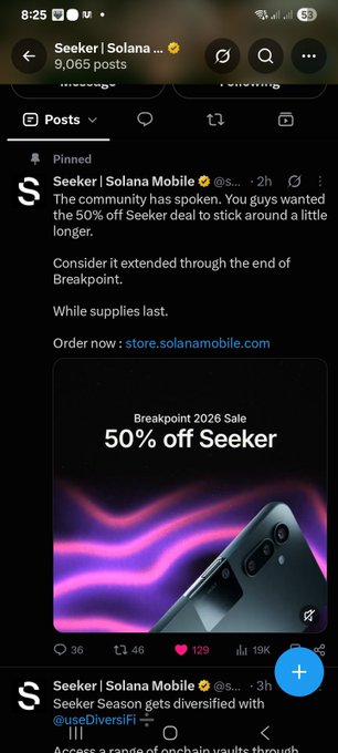 A mobile screenshot of a pinned post from Seeker | Solana Mobile announcing an extended 50% off Seeker deal through Breakpoint, with a promo image of the phone and pricing of $499.99.