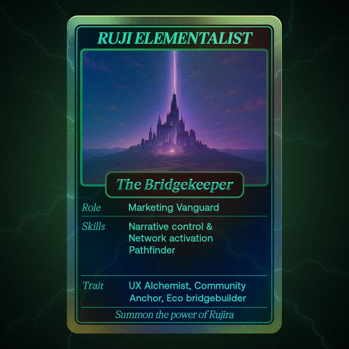 The image features a green card that displays information about Rujira's elementalist role as "The Bridgekeeper", which involves marketing, networking, and narrative control of networks. The card also includes details about the character's skills, such as being an Ux Alchemist and having connections to various platforms like Ethereum and Ripple. The post mentions Erudite, who is a prominent figure in Rujira's community, contributing to the platform's growth and development.