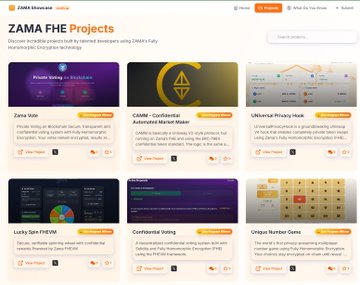 Screenshot of the ZAMA FHE Projects webpage on DoraHacks, featuring project tiles including 'Zama Ride', 'ZAMA - Confidential Automated Market Maker', 'L1 Instance Privacy Hack', 'Lucky Spin FHEVM', 'Confidential Voting', and 'Unique Number Game'.