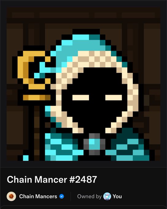 A pixelated hooded character NFT labeled "Chain Mancer #2487" from the Chain Mancers collection, shown as the user's newly acquired 24th Mancer pulled from the vault and proudly welcomed into their staked collection.