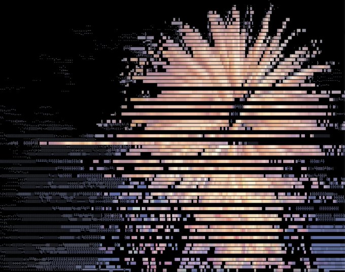 Heavily pixelated and distorted digital image showing horizontal scan lines and color banding against a black background.