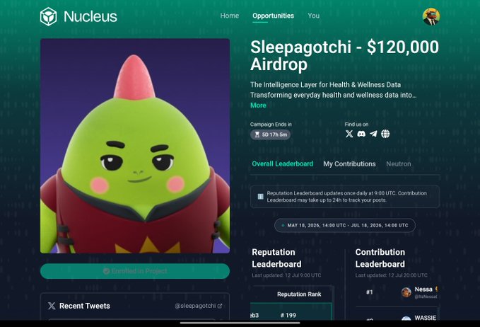 A webpage for 'Nucleus' displays a 'Sleepagotchi - $120,000 Airdrop' campaign featuring a green character, with leaderboards and a countdown timer showing 5D 17H 5M remaining.