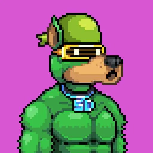 A pixel art illustration of an anthropomorphic green dog-like character wearing yellow goggles, a green helmet with a small propeller, and a green muscular suit against a bright magenta background.