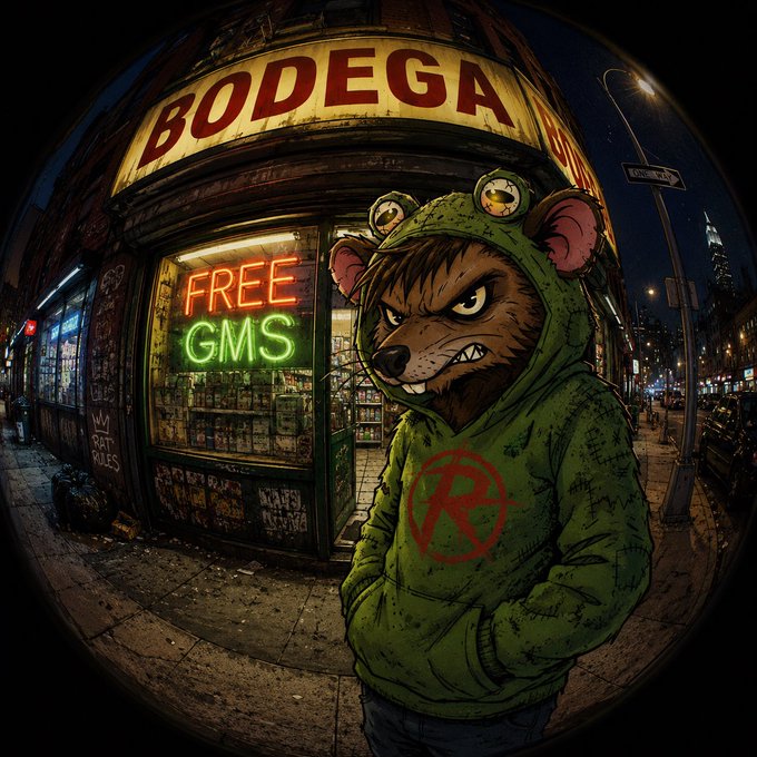 An illustrated anthropomorphic character wearing a green hoodie with a rat logo stands outside a bodega with a neon 'FREE GMS' sign, captured with a fisheye lens effect at night.