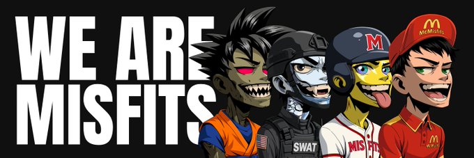A graphic banner reading 'WE ARE MISFITS' featuring four cartoon chibi-style characters styled as a ninja, SWAT officer, baseball mascot, and McDonald's employee.