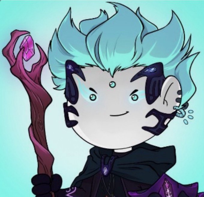 A cartoon-style illustration of a blue-haired character with cybernetic facial markings, wearing a dark cloak and holding a pink crystal staff.