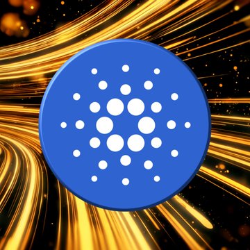The Cardano (ADA) cryptocurrency logo, a blue circle with white dots, set against a dynamic background of glowing golden light streaks.