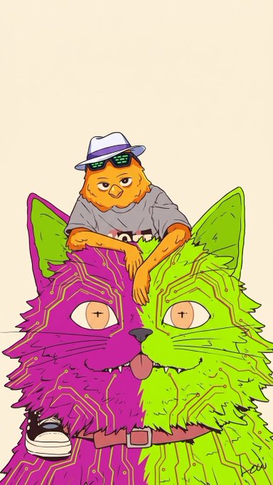 A digital illustration of a two-faced cat—one half purple, one half green with circuit board patterns—with an orange cat wearing sunglasses and a hat riding on its head.