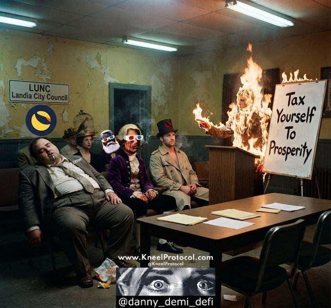 A chaotic scene unfolds in a dilapidated LUNC Landia City Council chamber, where a man engulfed in flames stands beside a podium displaying "Tax Yourself To Prosperity," while disheveled council members—including a clown, a man wearing a top hat, and a corpse with a cigarette—slump lifelessly at a table below. The fiery figure embodies $KNEEL's "Burner Faction" threatening governance intervention, satirically tying together $LUNC and related tokens like $SLAYER, $USTC, and $LUNA in a dramatic call-to-action toward kneelprotocol.com, with the social handles @danny_demi_defi visible on signs in the foreground.