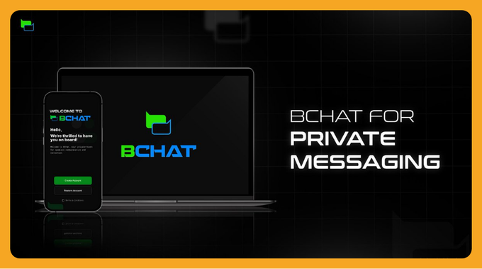 A promotional graphic for "BCHAT FOR PRIVATE MESSAGING" features a laptop and smartphone displaying the BChat logo and welcome screen against a dark background. The image visually reinforces the post's point about BChat's privacy-focused sign-up process, contrasting with apps that require phone numbers—highlighting how users can simply generate a key to start messaging without linking personal information.