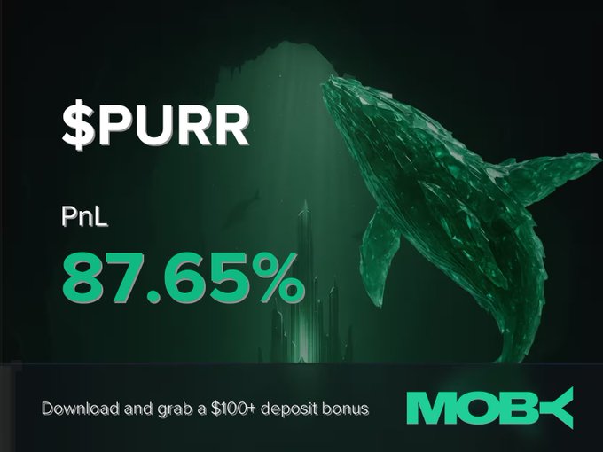 A promotional graphic for Moby Mobile features a large green whale graphic emerging from underwater alongside a "$PURR" ticker and a striking PnL figure of "87.65%," with a footer inviting users to "Download and grab a $100+ deposit bonus." The visual directly highlights the impressive 87.65% profit shown in the accompanying win alert post.