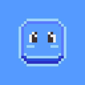 A simple blue pixel-art ghost/smiley face icon with two white eyes and pink cheeks on a solid blue background.