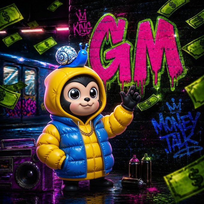 A digital illustration of a cartoon character in a yellow and blue puffer jacket with a snail on its head stands in a graffiti-covered urban setting, holding up a hand next to a boombox, with the words 'KING GM' and 'MONEY TALK' in the background.
