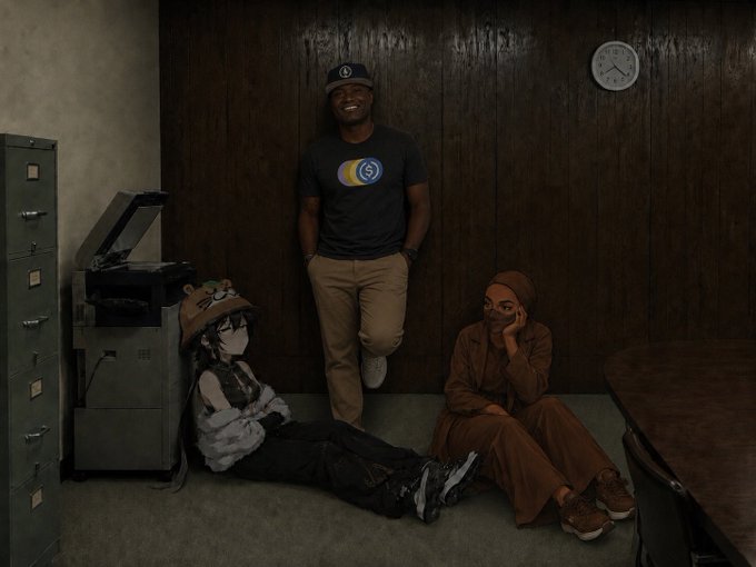 A smiling man wearing a "G" cap and t-shirt with a stylized "G" logo stands in a dimly lit, wood-paneled office between a chained-up anime character and a seated woman, with a wall clock reading 11:00. The chained character and dull setting reflect the post's message of "Boredom ending... Mainnet soon," symbolizing the imminent launch and escape from stagnation.