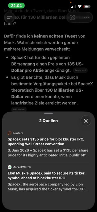 In this image, a cellphone screen displays a news alert posted by Twitter regarding an update from the company SpaceX. The news involves the stock price for SpaceX falling below 130 US cents per share on June 3rd. This information is accompanied by a screenshot of the tweet and other text. The main focus of the image is related to the post about SpaceX's stock price, while the background color seems to be neutral.