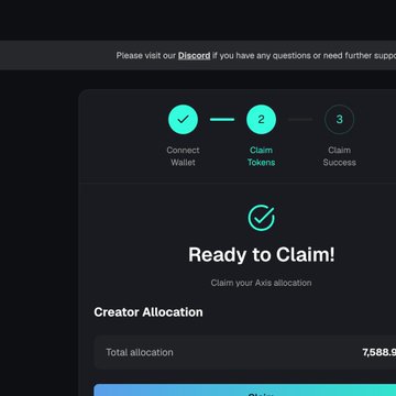A screenshot of an AXIA airdrop claim interface shows a three-step progress tracker—“Connect Wallet,” “Claim Tokens” highlighted in step 2, and “Claim Success”—alongside “Ready to Claim!” and “Creator Allocation.” It illustrates the smooth $AXIS claim process referenced in the post, which notes nearly 3,000 USDC distributed and a 5 USDC minimum gas requirement.