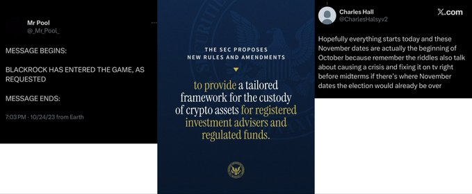 The image is a collage of three screenshots: a cryptic "Mr Pool" tweet referencing "BLACKROCK HAS ENTERED THE GAME" dated 10/24/23, an SEC announcement about new rules and amendments to provide a tailored framework for crypto assets for registered investment advisers and regulated funds, and a tweet from Charles Hall (@CharlesHalsxy2) suggesting the SEC may release crypto regulations before midterms in November to avoid fallout over timing. The collage ties to the accompanying post's speculation about the SEC's new crypto rules dropping in coordination with BlackRock's entry into the market, fueling anticipation of a major XRP rally in the "final days of the endgame."