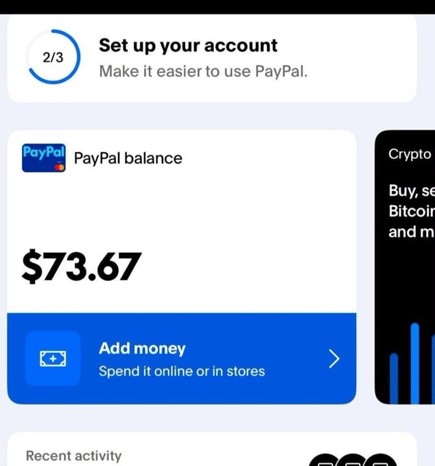 A PayPal mobile app screen showing account setup progress at 2/3, displaying a PayPal balance of $73.67, an "Add money" option, and a partially visible Crypto section on the right side.